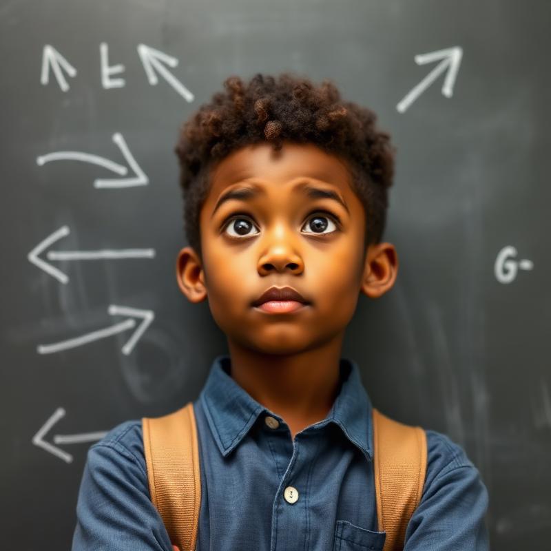 A young Black student thoughtfully weighing choices at a chalkboard