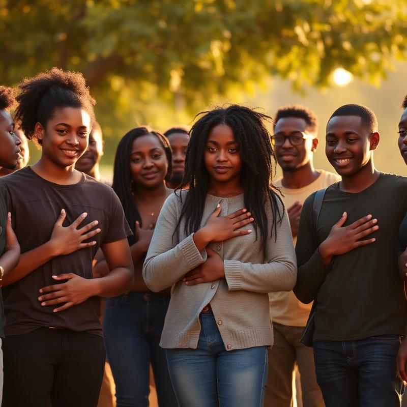 Black young people standing together with hands over their hearts