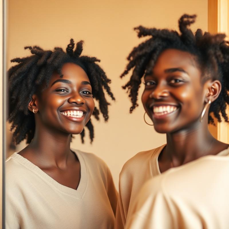 A young Black person smiling confidently at their reflection