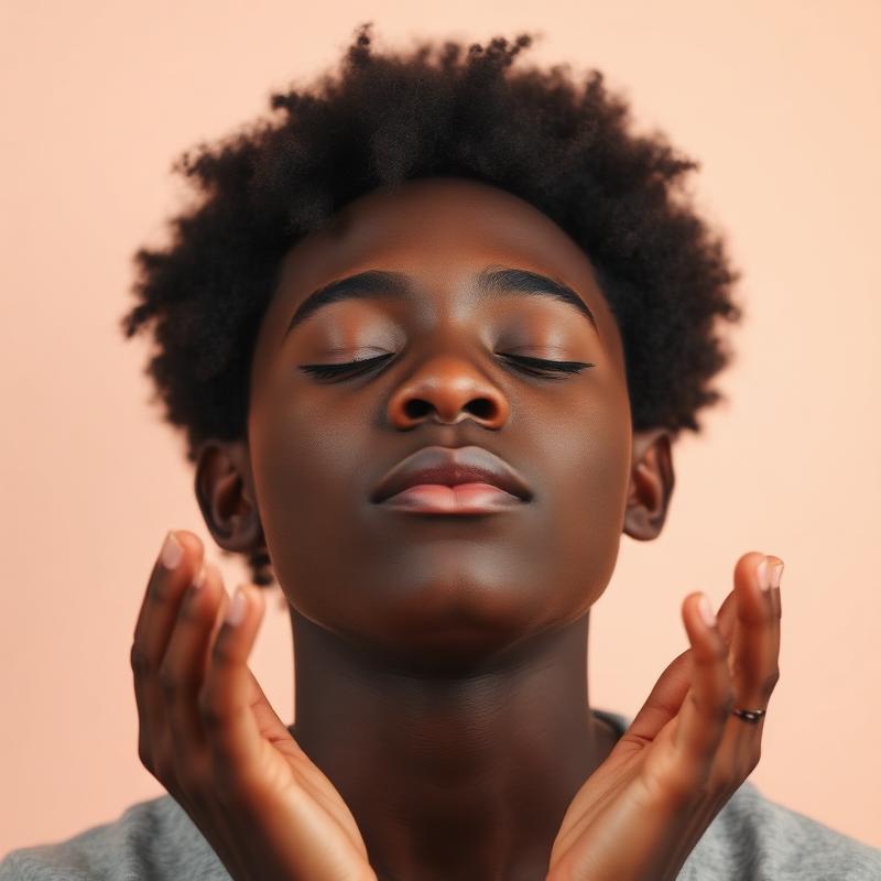 A Black teenager meditating calmly with eyes closed