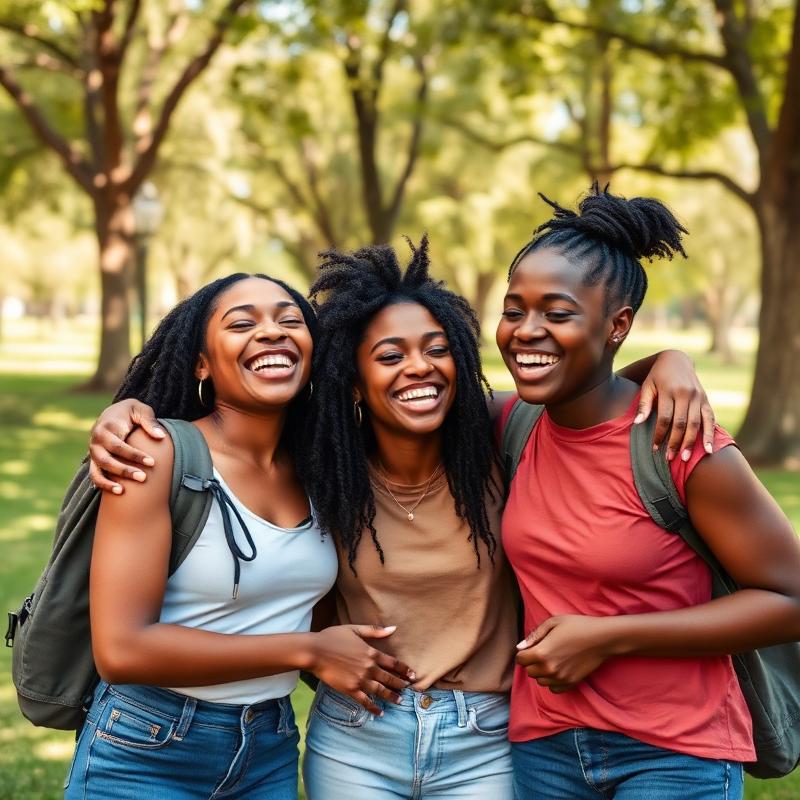 Black friends laughing together with arms around each other in a park