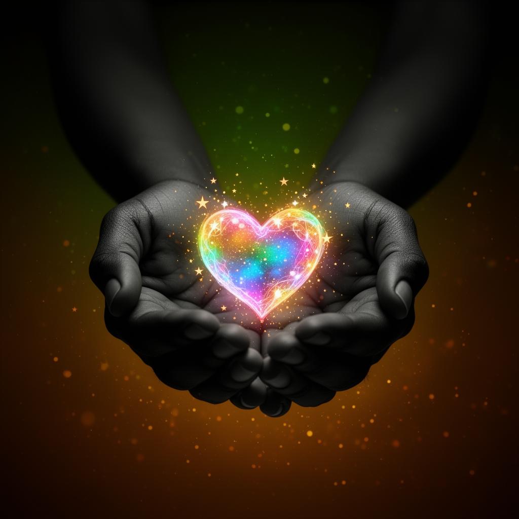 Hands holding a glowing rainbow heart of light