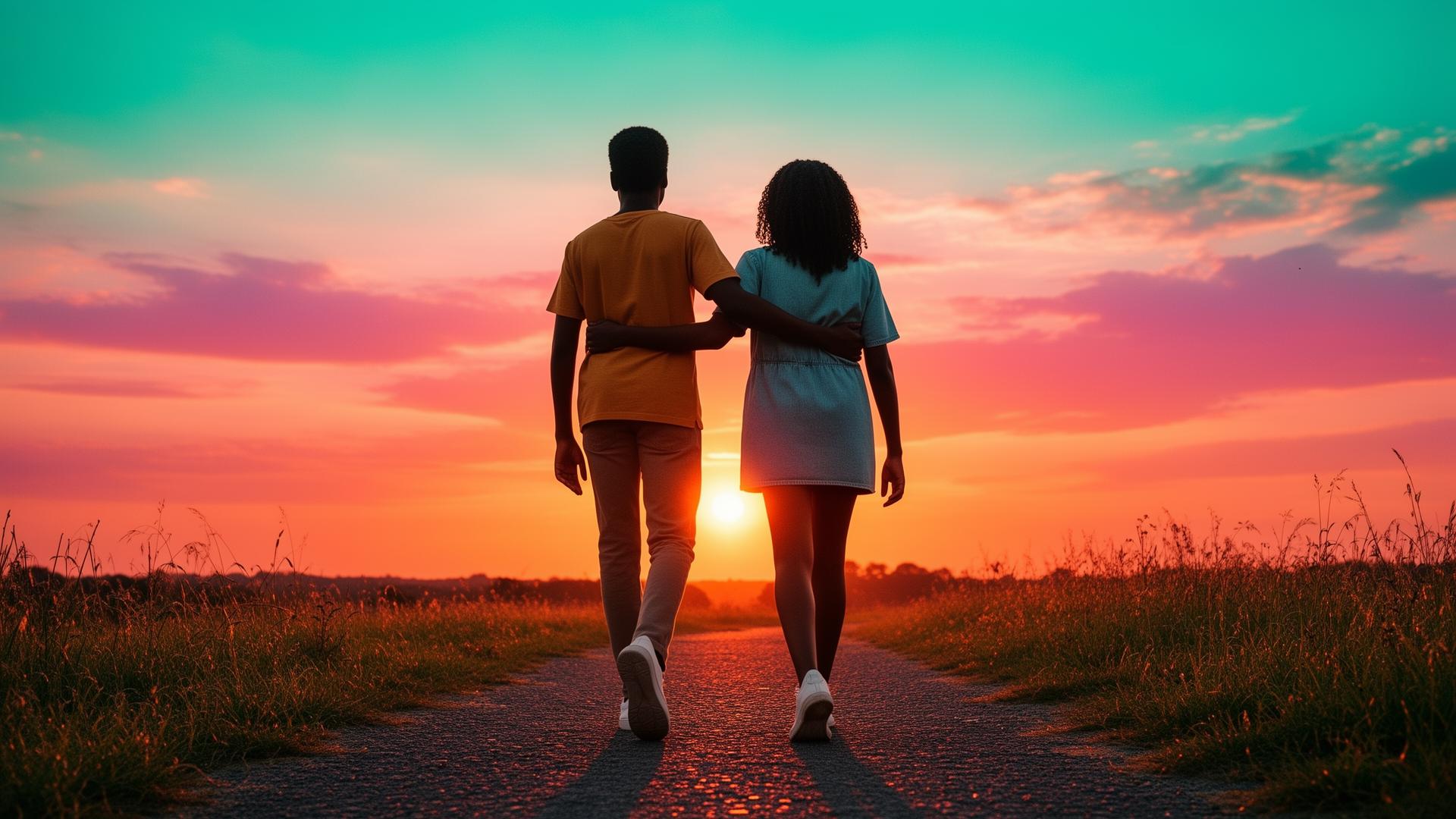 Two young people walking toward a vivid sunrise
