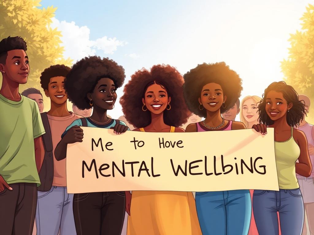 Black young people holding a mental wellbeing banner at a community event