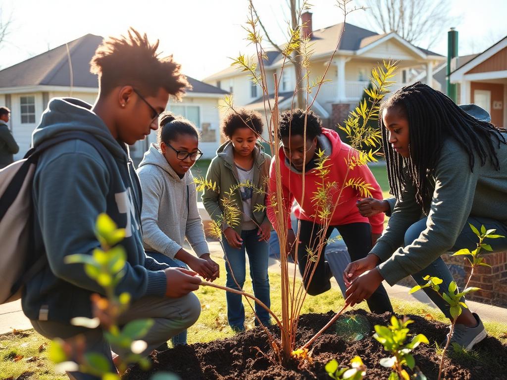 Black youth planting trees together in their neighbourhood