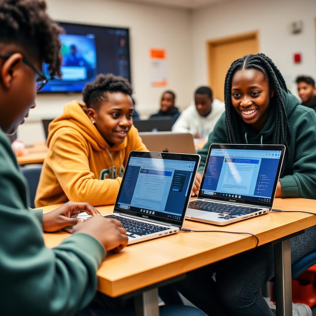 Black teenagers coding on laptops in a STEM club