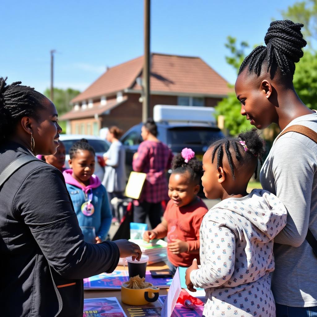 Black community ambassador speaking with families at a local outreach stall