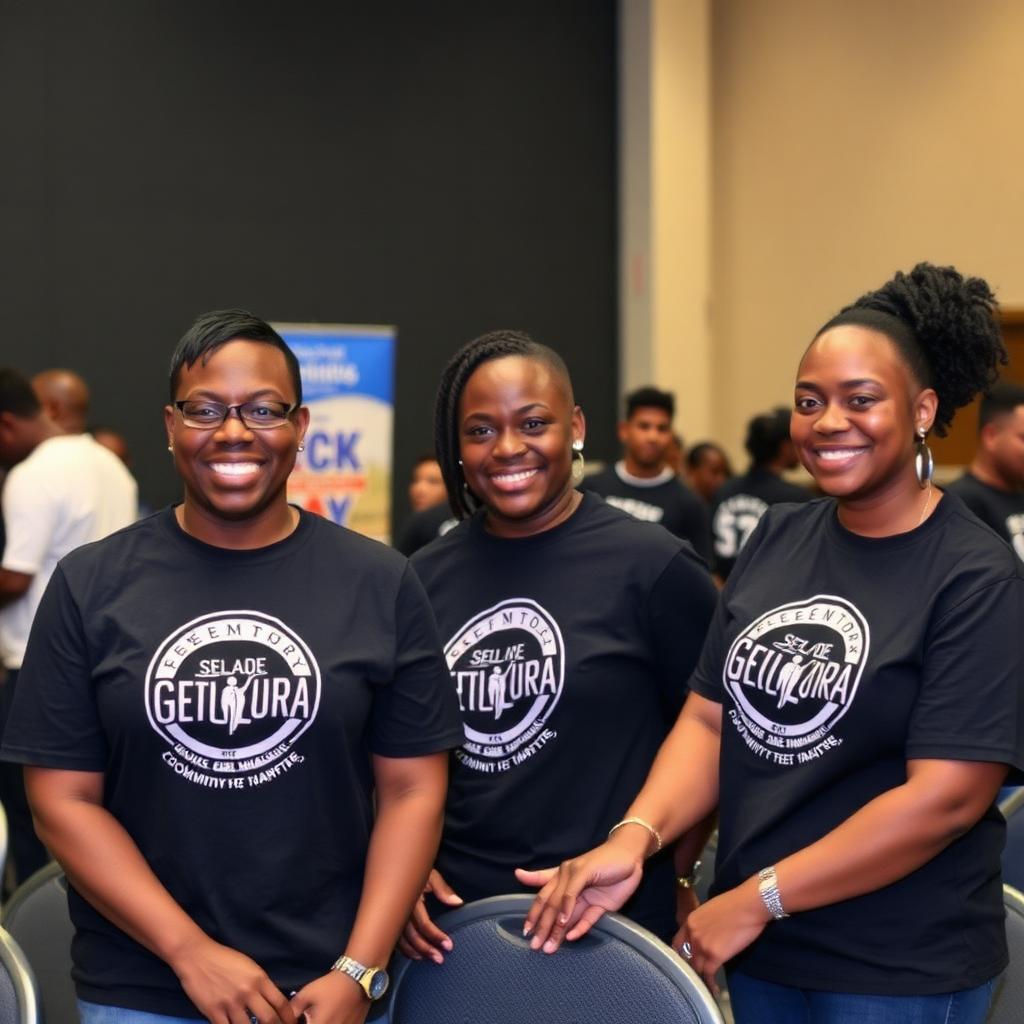 Black event volunteers in SPARK Zone t-shirts setting up at a community event