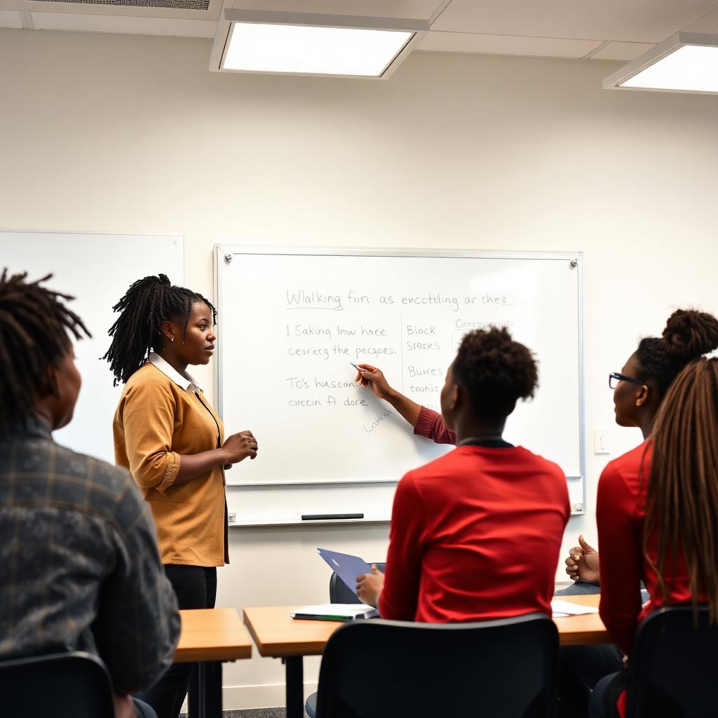 Black facilitator leading a workshop with engaged young people at a whiteboard